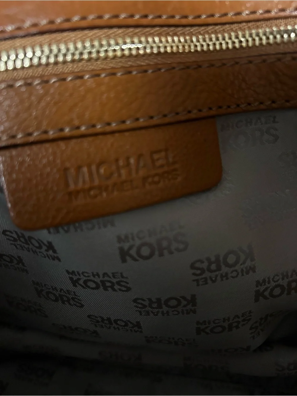 Michael Kors Brown Leather Shoulder Bag with Studded Straps and Gold Hardware